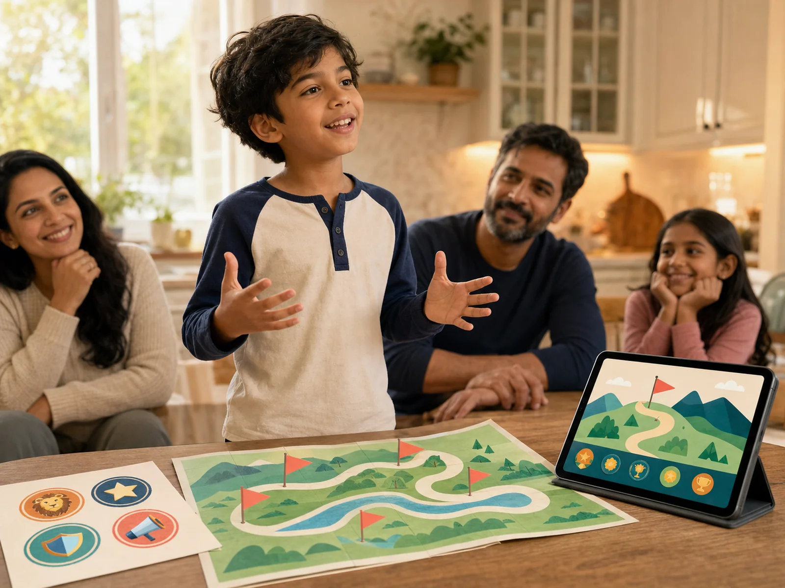 A boy proudly telling a story to his family, with the Confidence Quest map and badges on the table